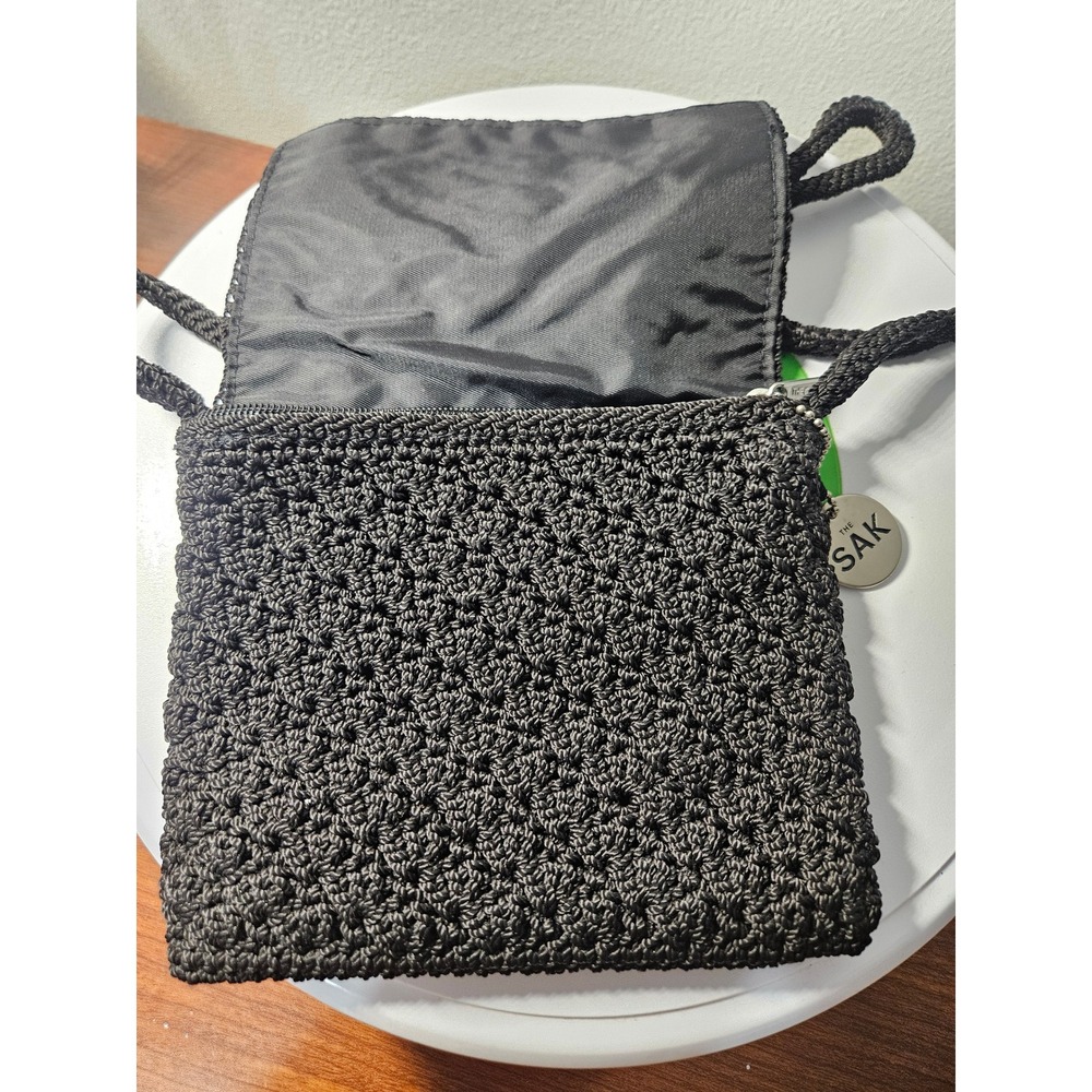 The Sak Crossbody Bag Womens Small Black Crochet Flap Zipper Boho Woven Purse - Picture 3 of 3